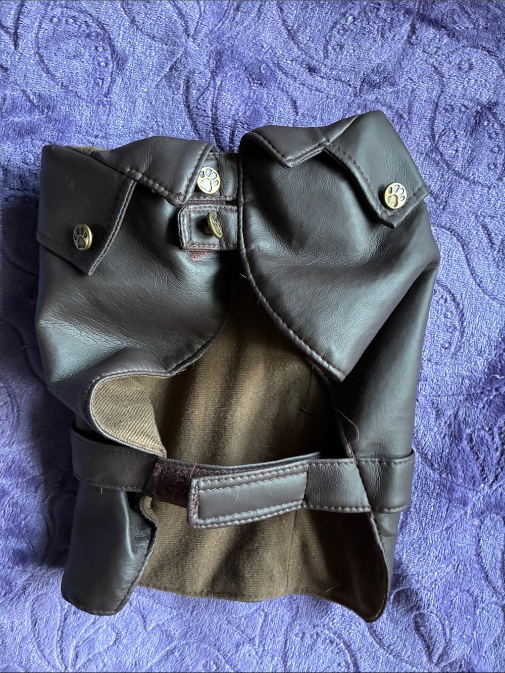 Brown Faux Leather Dog Jacket with Paw-Print Snaps